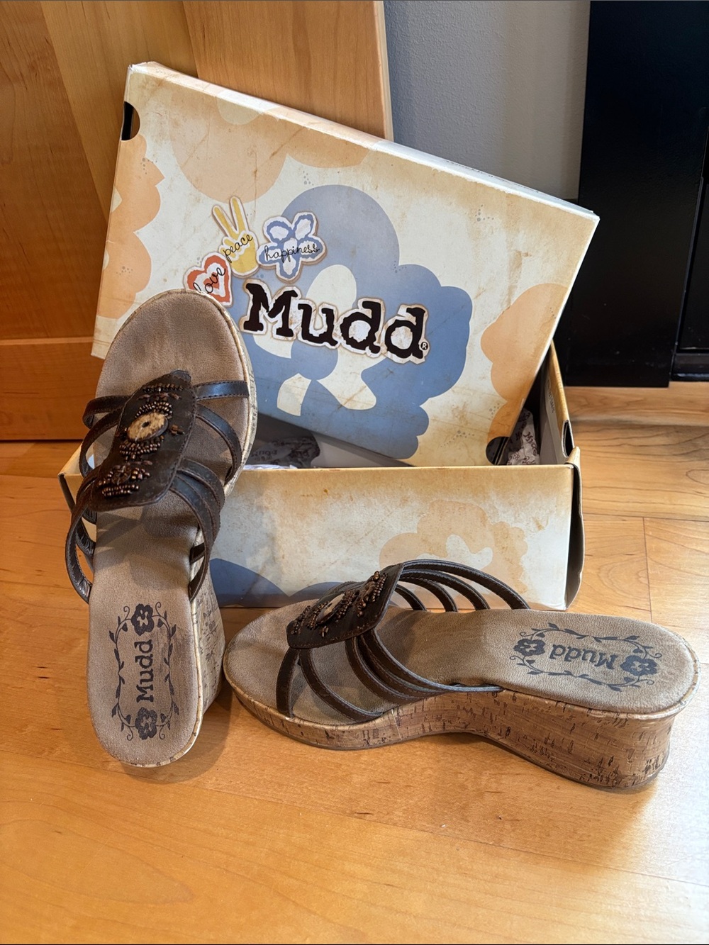 Mudd Dark Brown Beaded Cork Wedge Sandals